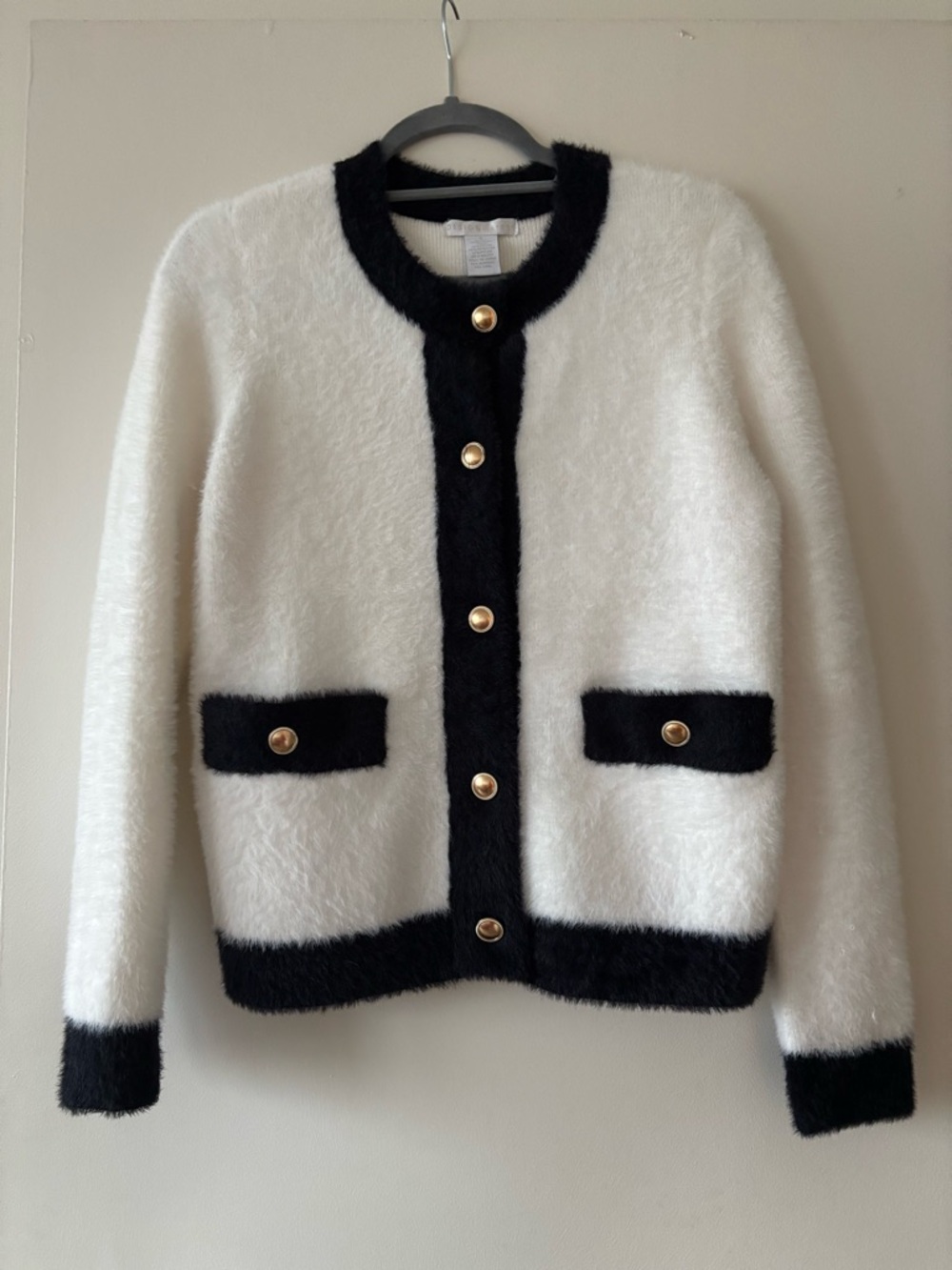 🐼⭐️ Design History White and Black Fuzzy Crewneck Cardigan with Gold Buttons